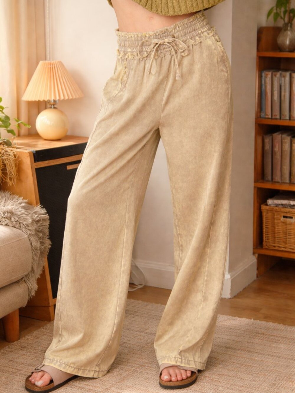 Zenana Mineral Wash Soft Comfy Flare Leg Elastic Drawstring Paper Bag Pants